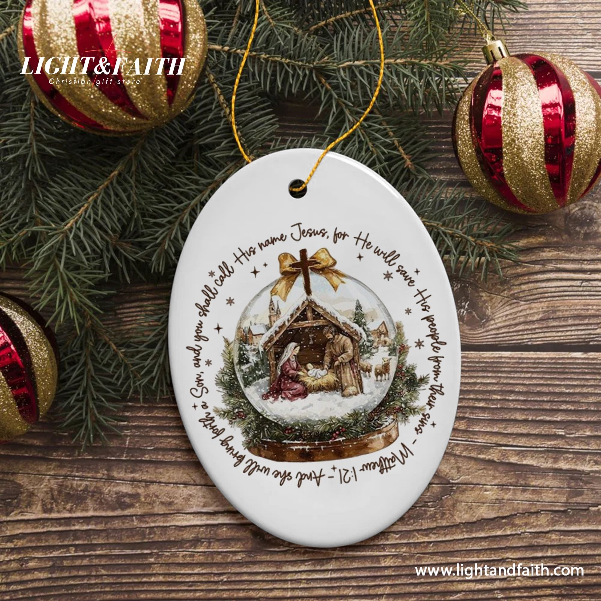 Nativity Scene Christmas Ornament, Christian Holiday Decoration, Matthew 1:21 Bible Verse Ornament, Religious Xmas Tree Decor DCLAF29